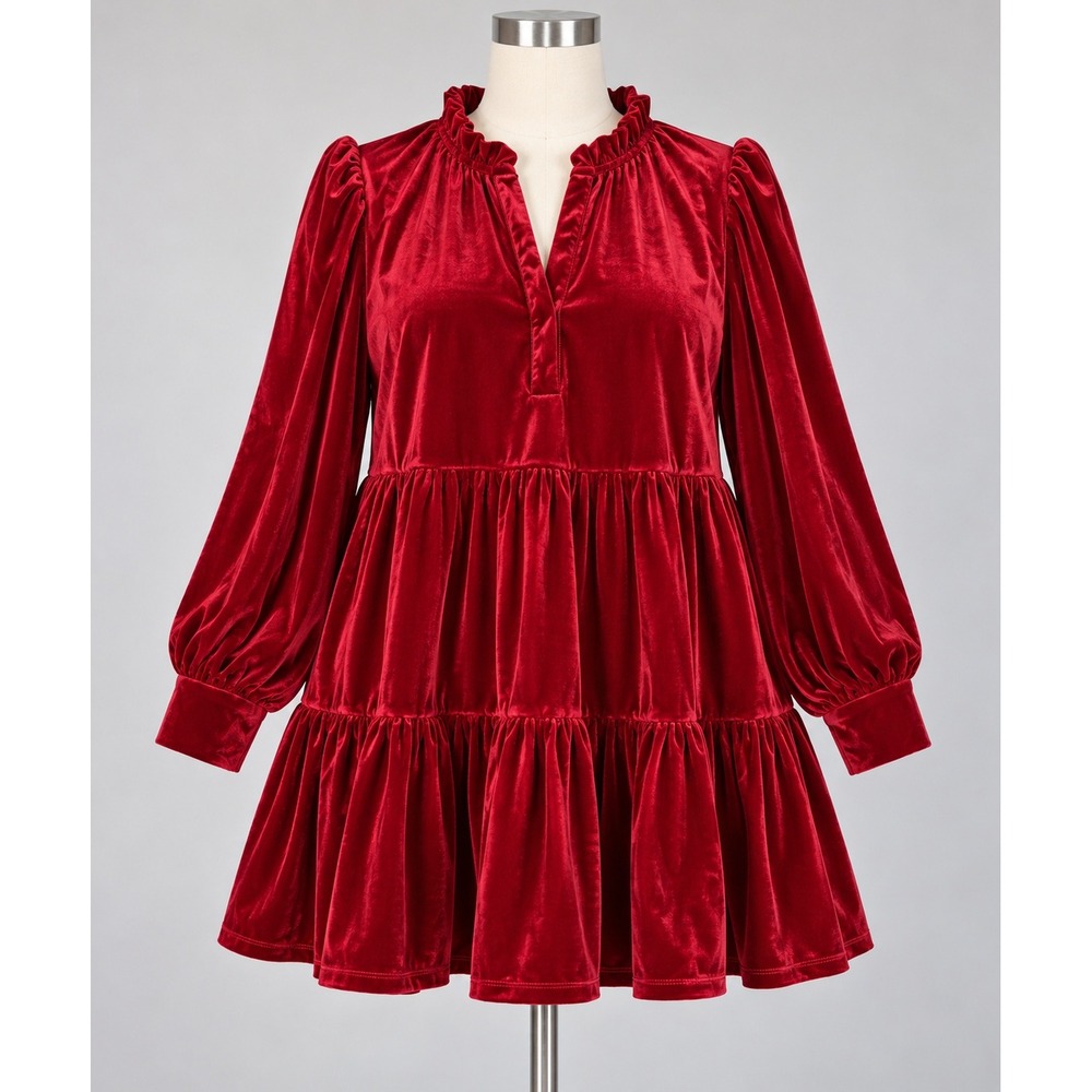 Red Velvet Tiered Dress 3X Babydoll Holiday Party Coquette Glam Christmas Date